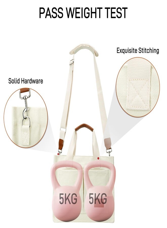 KKXIU Large Canvas Tote Bag for Women with Zipper and Compartments Crossbody Work Bible Messenger Purse Bag With Pockets, Beige Set, Large - Image 5