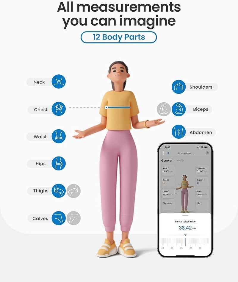 RENPHO Upgraded Body Measure Tape - Enhanced Tool for Monitoring Weight Loss, Muscle Gain, and Fitness Progress， Digital Smart Retractable Tape Measures in Both Inches and Centimeters with Precision - Image 3