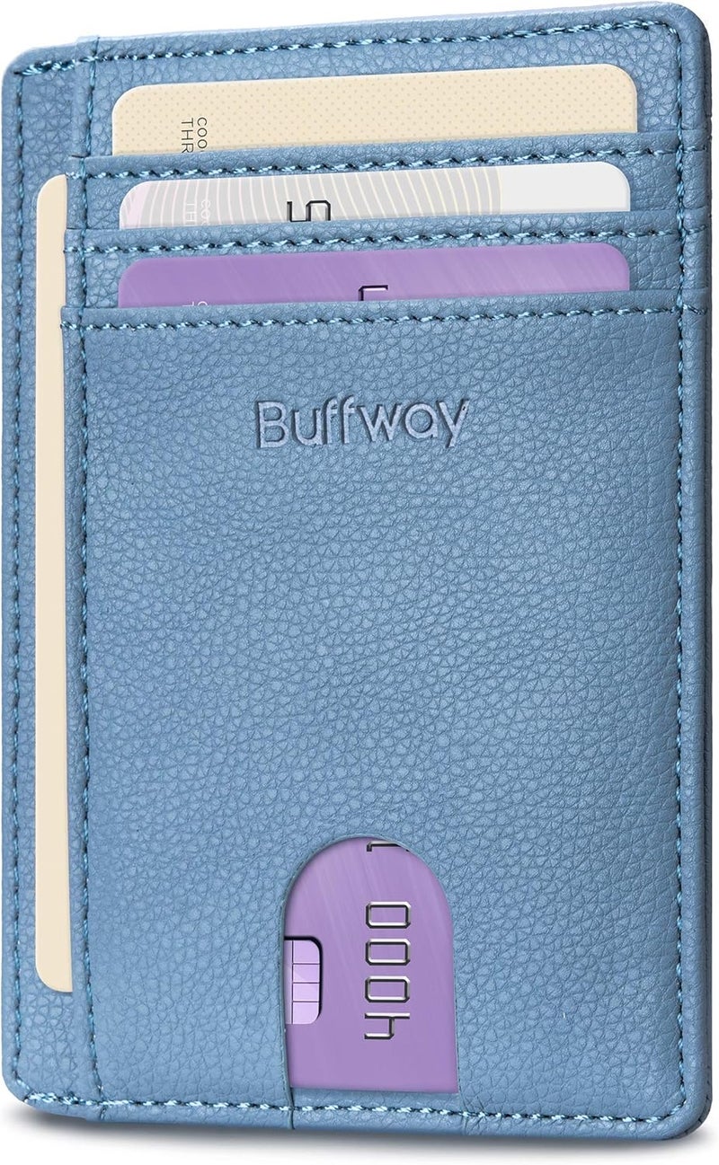 Buffway محفظة جلدية رفيعة وعصرية مع حماية RFID للرجال والنساء - لون ليتشي الأزرق الرمادي - Image 1