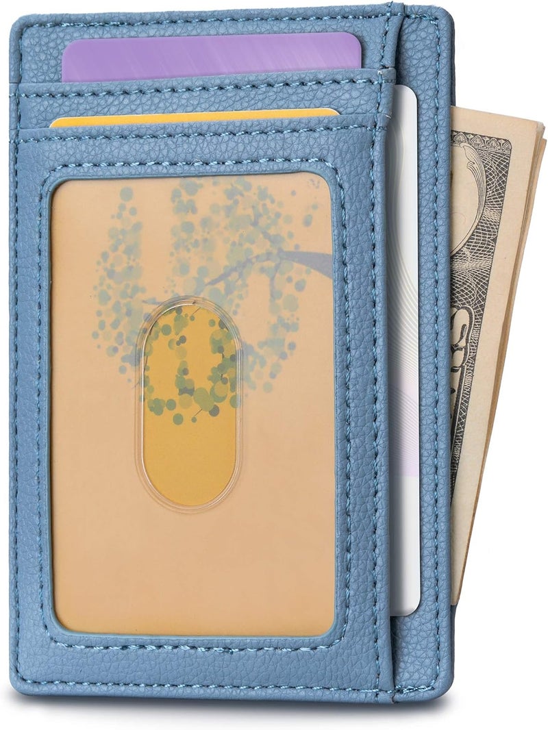 Buffway محفظة جلدية رفيعة وعصرية مع حماية RFID للرجال والنساء - لون ليتشي الأزرق الرمادي - Image 2
