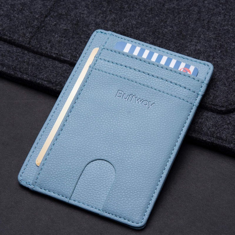Buffway محفظة جلدية رفيعة وعصرية مع حماية RFID للرجال والنساء - لون ليتشي الأزرق الرمادي - Image 4