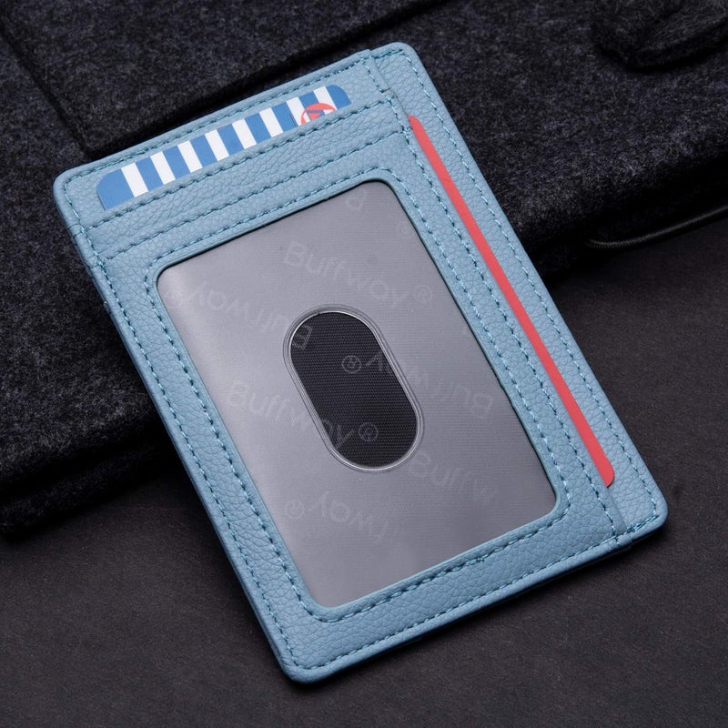 Buffway محفظة جلدية رفيعة وعصرية مع حماية RFID للرجال والنساء - لون ليتشي الأزرق الرمادي - Image 3