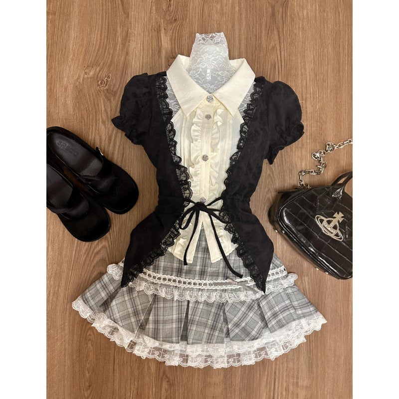 Generic Diablo Ballet Style Sweet Witch Black Tight Waist Fake Two-piece Shirt Grey Stitching Lace Plaid Skirt suit Pink top - Image 2