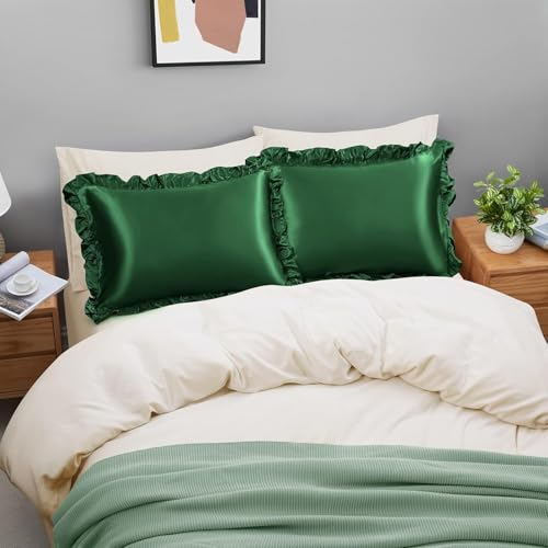 GO WELL Ruffle Satin Pillowcase for Hair and Skin, Standard Size Satin Pillow Covers Silky Pillow Cases Set of 2, Satin Ruffled Pillowcase with Envelope Closure (Green) 1000tc - Image 4