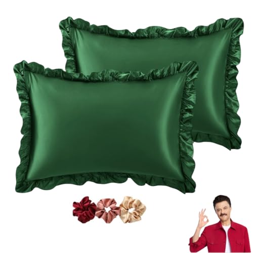 GO WELL Ruffle Satin Pillowcase for Hair and Skin, Standard Size Satin Pillow Covers Silky Pillow Cases Set of 2, Satin Ruffled Pillowcase with Envelope Closure (Green) 1000tc - Image 1