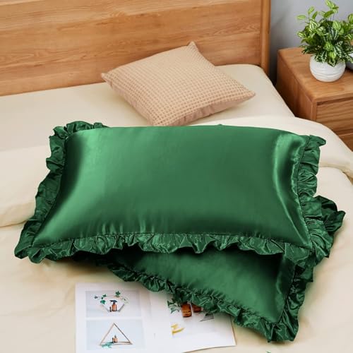 GO WELL Ruffle Satin Pillowcase for Hair and Skin, Standard Size Satin Pillow Covers Silky Pillow Cases Set of 2, Satin Ruffled Pillowcase with Envelope Closure (Green) 1000tc - Image 3