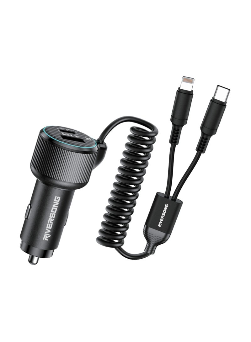 RIVERSONG SAFARIC8 4-in-1 Fast Car Charger 60W, Dual Port (USB-A & Type-C) with 2 Cables (Type-C & Lightning), 1.8m Cable Length, Smart Chip, Multiple Protection – Black - Image 1