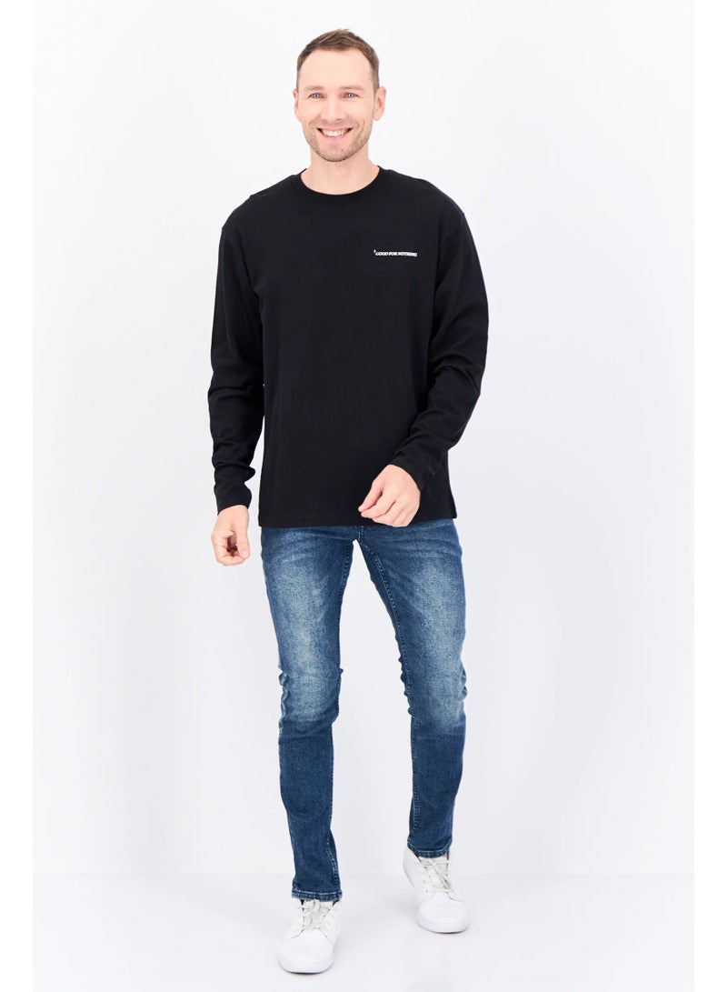 Good For Nothing Men Oversized Crew Neck Long Sleeves Brand Logo T-shirt, Black - Image 4