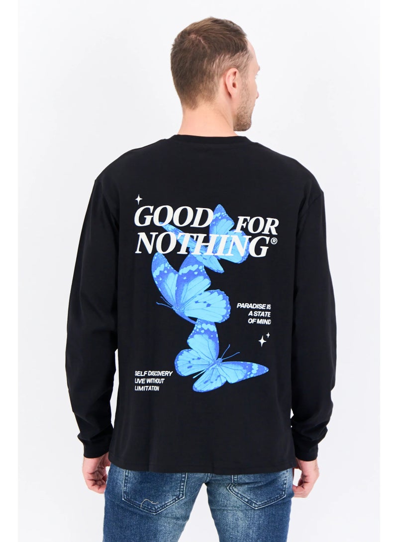 Good For Nothing Men Oversized Crew Neck Long Sleeves Brand Logo T-shirt, Black - Image 3
