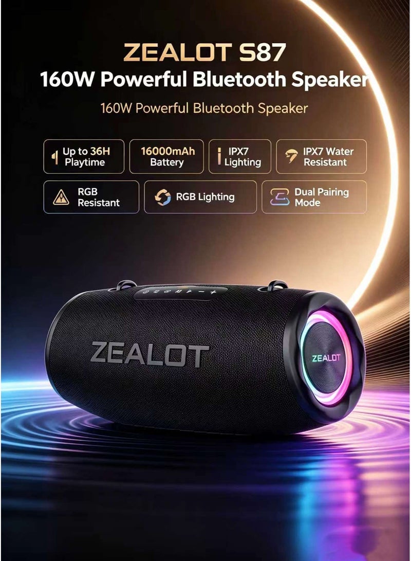 ZEALOT S87 160W Bluetooth Speakers 16000mAh Battery 36 Hours Playtime, Outdoor Portable Waterproof IPX7 Subwoofer Speaker, Dual Pairing Fast Charging Loud Stereo, Booming Bass TF Card USB TWS - Image 1