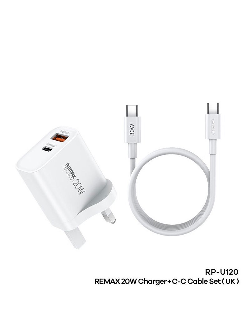 REMAX - iPhone 20W Fast Charger Package USB C Wall Fast Charger with 1M Type C to Type C Charging Cable Compatible with iPhone 16/15/Pro Max/Pro/Plus and All Type C Phones White - Image 1