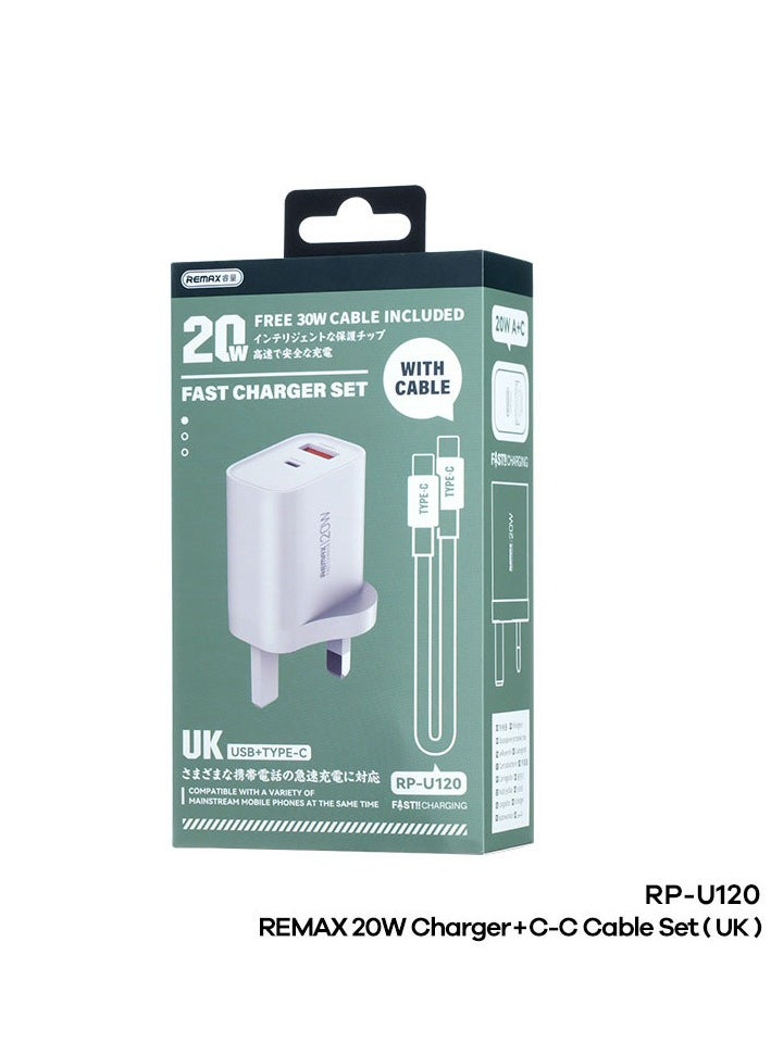 REMAX - iPhone 20W Fast Charger Package USB C Wall Fast Charger with 1M Type C to Type C Charging Cable Compatible with iPhone 16/15/Pro Max/Pro/Plus and All Type C Phones White - Image 1