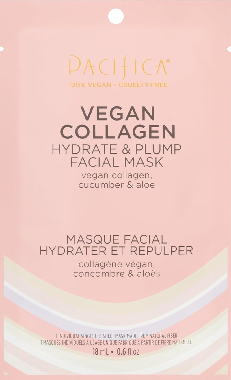 Pacifica Sheet Face Mask  Vegan Collagen Hydrate  Plump with Cucumber  Aloe  Moisturizing Mask for Dry  Aging Skin  Clean Beauty Vegan  CrueltyFree Dermatologist Tested