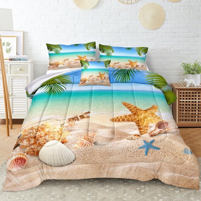 4 PIECES BEACH THEMED BEDDING SET QUEEN SIZE OCEAN COMFORTER SET HAWAII SCENERY STYLE CONCH AND STARFISH PRINTED PALM TREE COMFORTER SET FOR SUMMER WITH 1 CUSHIONCOVER