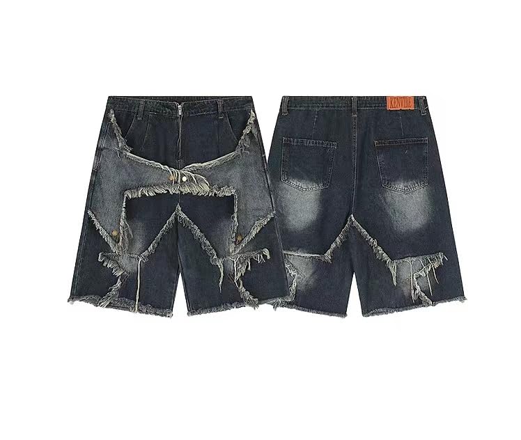 POHADON Y2K Blue Denim Shorts Summer Casual Loose Straight Leg Unisex Baggy Jeans Shorts Jorts Grunge Harajuku Streetwear (Vintage Tassel,XL) - Image 5