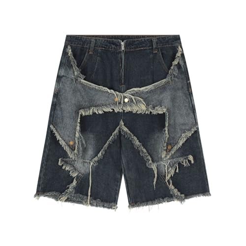 POHADON Y2K Blue Denim Shorts Summer Casual Loose Straight Leg Unisex Baggy Jeans Shorts Jorts Grunge Harajuku Streetwear (Vintage Tassel,XL) - Image 1