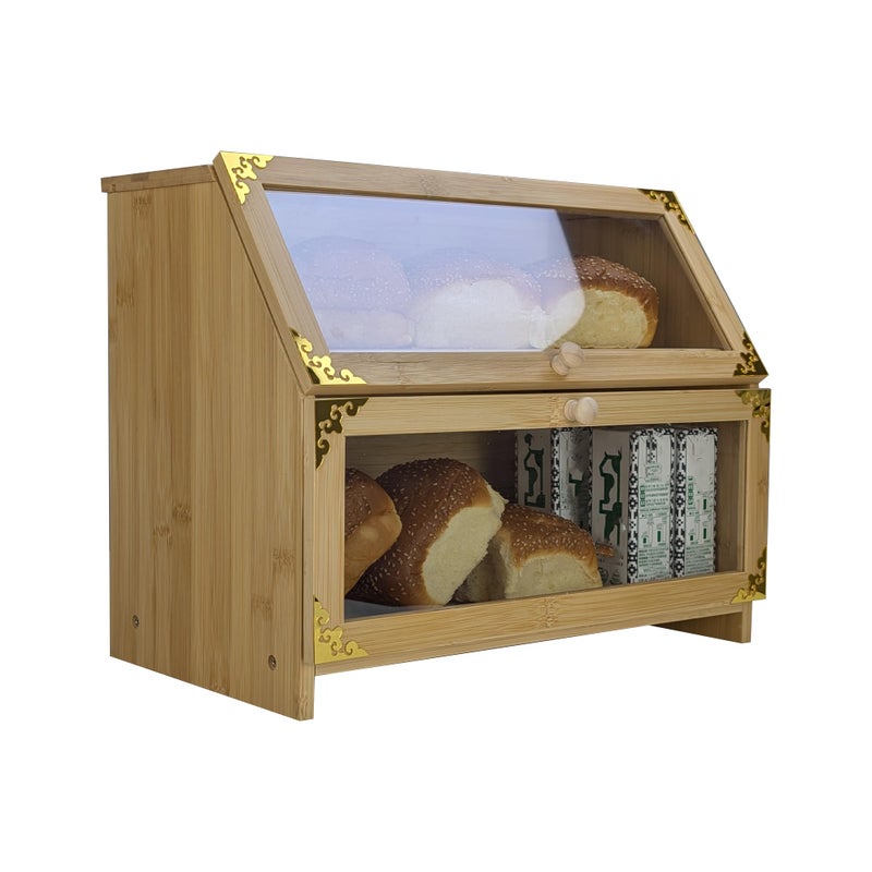 ARTAWEIN Extra Large Bamboo Corner Bread Box for Kitchen Countertop - Double Layer, Airtight Bread Bin and Holder, Natural Bread Storage Container, Ideal Natural Breadbox Keeper for Homemade Breads - Image 1