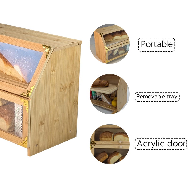 ARTAWEIN Extra Large Bamboo Corner Bread Box for Kitchen Countertop - Double Layer, Airtight Bread Bin and Holder, Natural Bread Storage Container, Ideal Natural Breadbox Keeper for Homemade Breads - Image 4