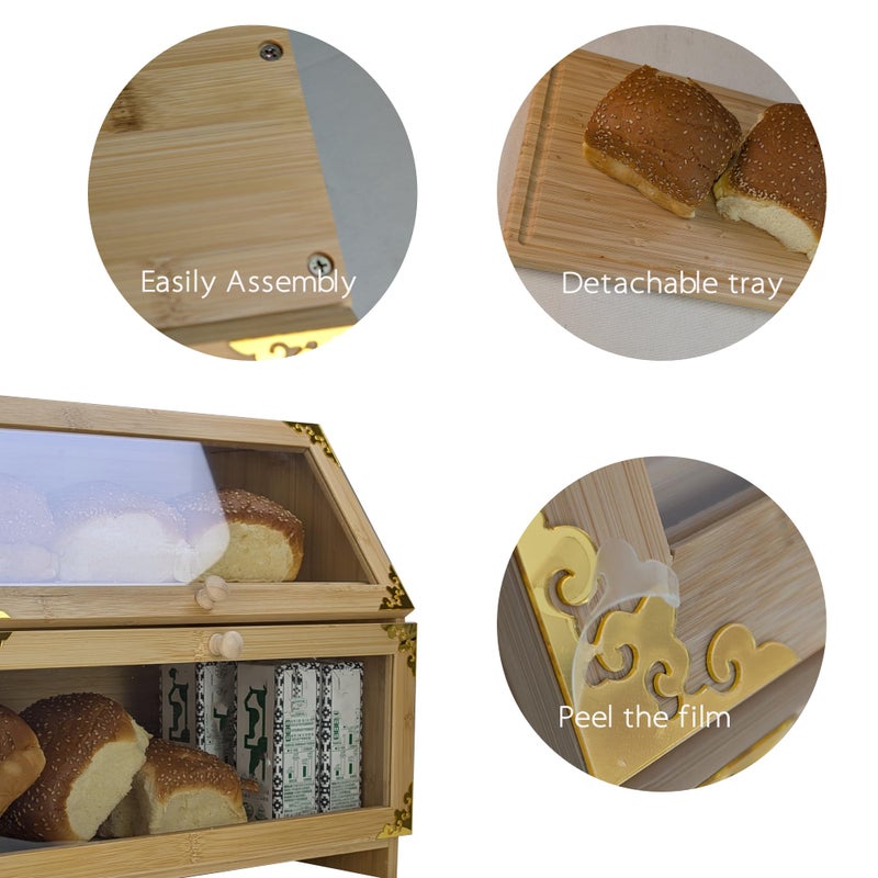 ARTAWEIN Extra Large Bamboo Corner Bread Box for Kitchen Countertop - Double Layer, Airtight Bread Bin and Holder, Natural Bread Storage Container, Ideal Natural Breadbox Keeper for Homemade Breads - Image 5