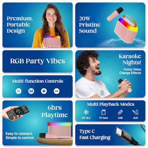 pTron Newly Launched Fusion Joy 20W Bluetooth Speaker with Wireless Karaoke Mic, 6Hrs Playtime, Vivid RGB Lights, Voice Effects, Multi-Play Modes BT5.3/TF Card & Type-C Charging Port (Light Pink) - Image 2