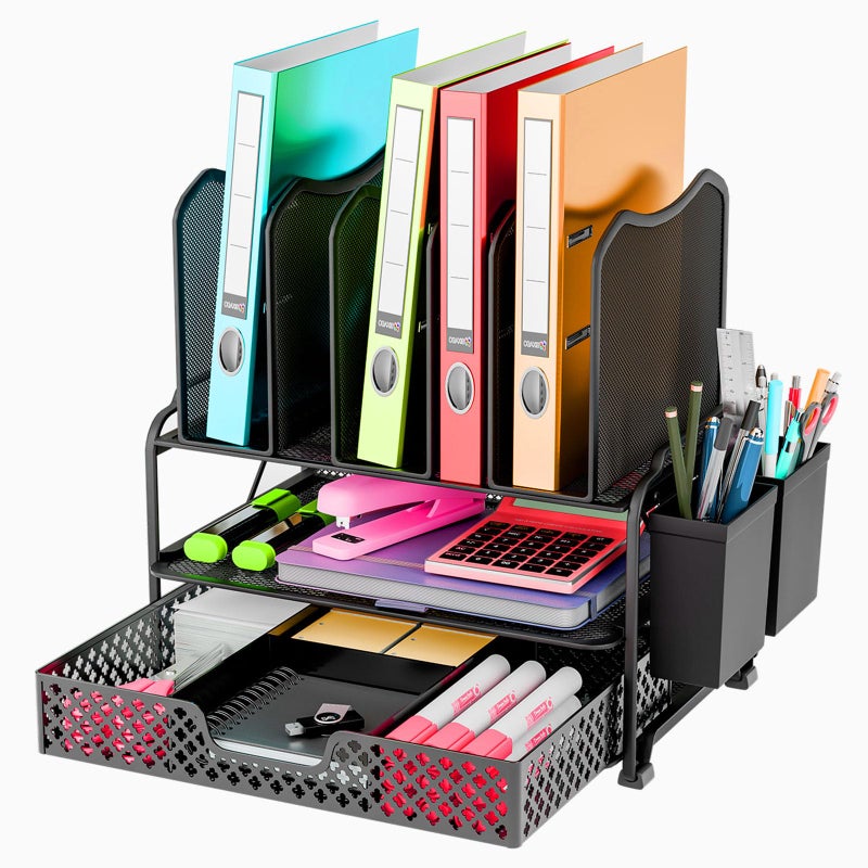 Simple Trending Desk File Organizer with Sliding Drawer Metal Mesh Double Tray and 5 Upright Section Sorter and 2 Pen Holder Black