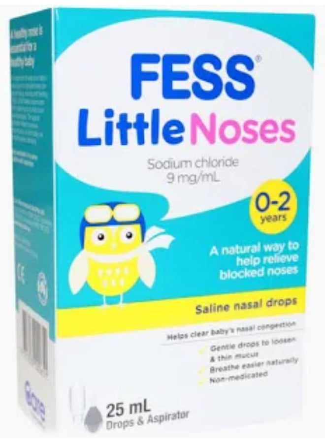 FESS LITTLE NOSES SODIUM CHLORIDE 9MG/ML 0-2 YEARS + SALINE NASAL DROPS 25ML WITH ASPIRATOR - Image 1