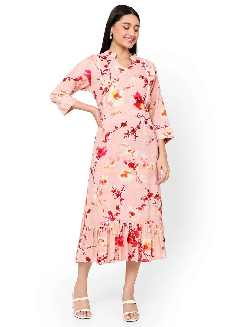 HANA & SARA SHORT FLORAL PRINT SEMI COLLARED ARABIC KAFTAN JALABIYA DRESS