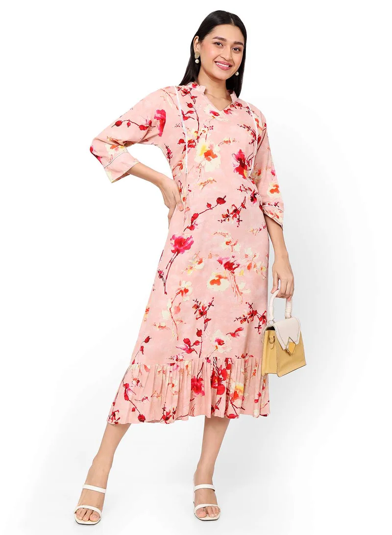 HANA & SARA SHORT FLORAL PRINT SEMI COLLARED ARABIC KAFTAN JALABIYA DRESS