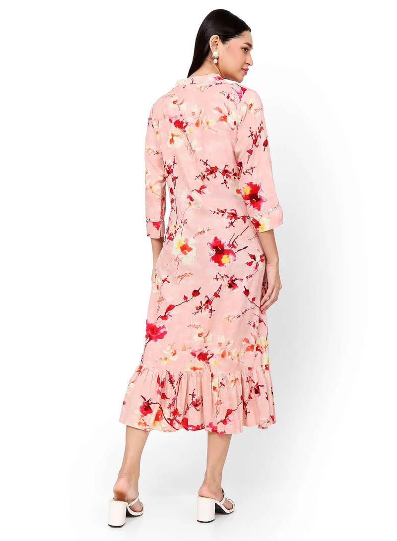 HANA & SARA SHORT FLORAL PRINT SEMI COLLARED ARABIC KAFTAN JALABIYA DRESS