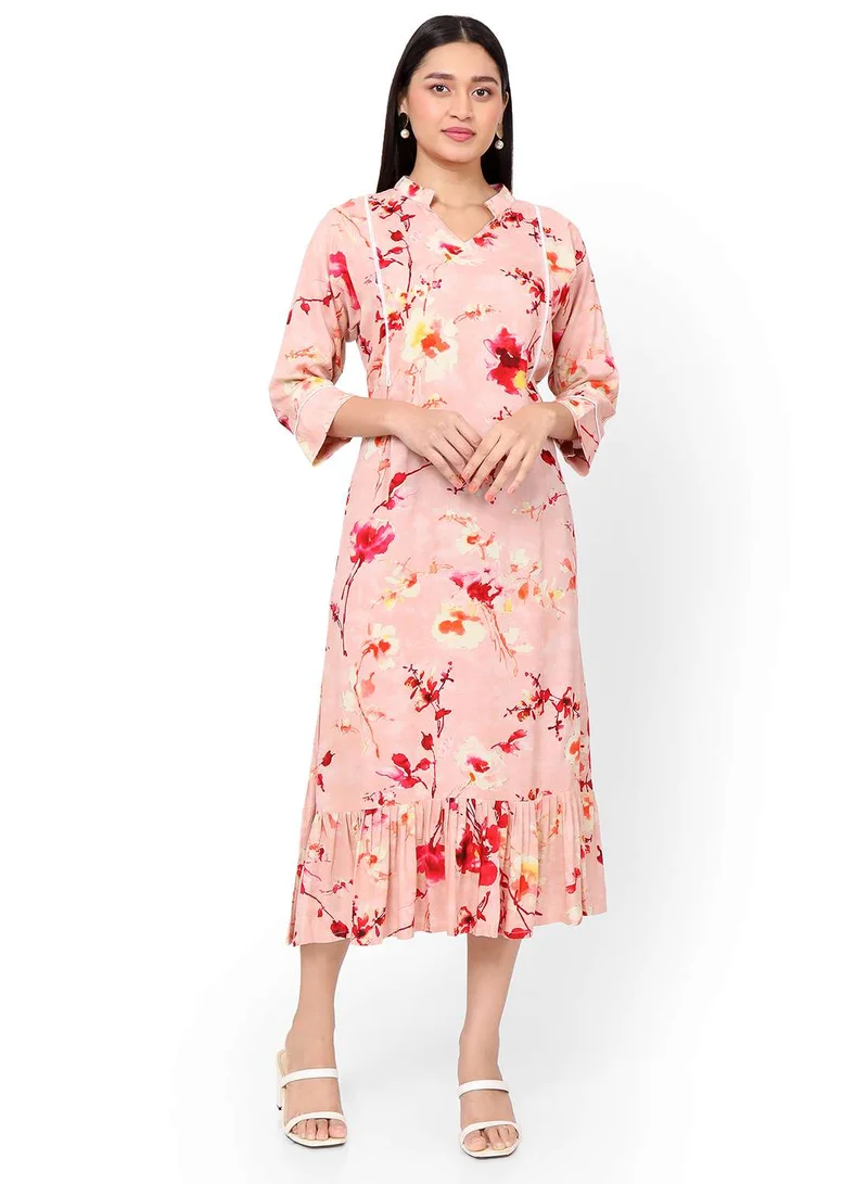 HANA & SARA SHORT FLORAL PRINT SEMI COLLARED ARABIC KAFTAN JALABIYA DRESS
