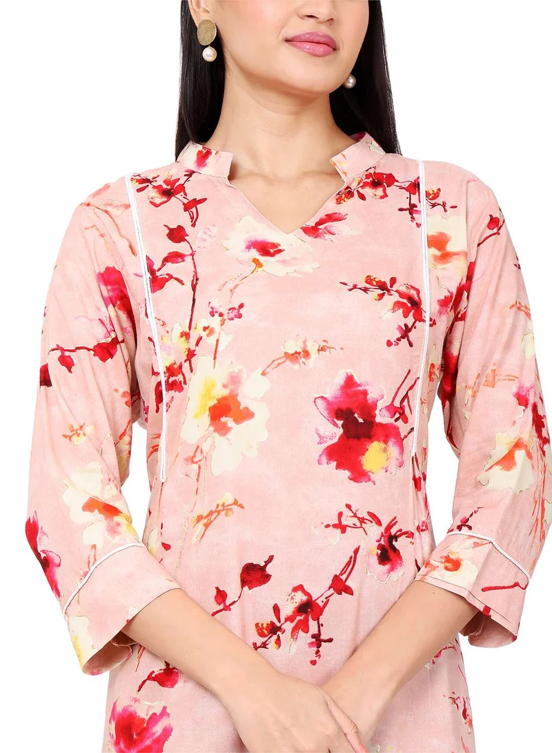 HANA & SARA SHORT FLORAL PRINT SEMI COLLARED ARABIC KAFTAN JALABIYA DRESS