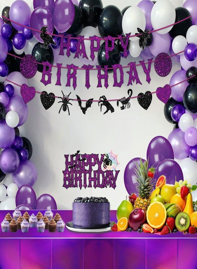 XCX Halloween Birthday Party Decorations Purple Black Gothic Decor, Black Purple Glitter Spooky Photo Booth Prop Backdrop for Girls, Gothic Inspired Party Supplies Set Include Banner, Cake Toppers, Tablecloth 54" x 108" - Image 4