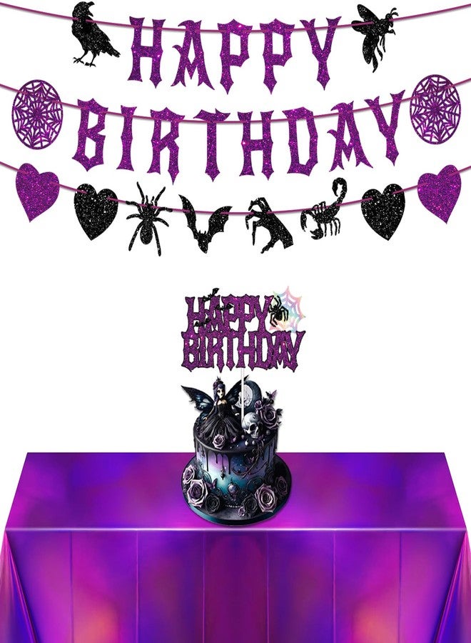 XCX Halloween Birthday Party Decorations Purple Black Gothic Decor, Black Purple Glitter Spooky Photo Booth Prop Backdrop for Girls, Gothic Inspired Party Supplies Set Include Banner, Cake Toppers, Tablecloth 54" x 108" - Image 1