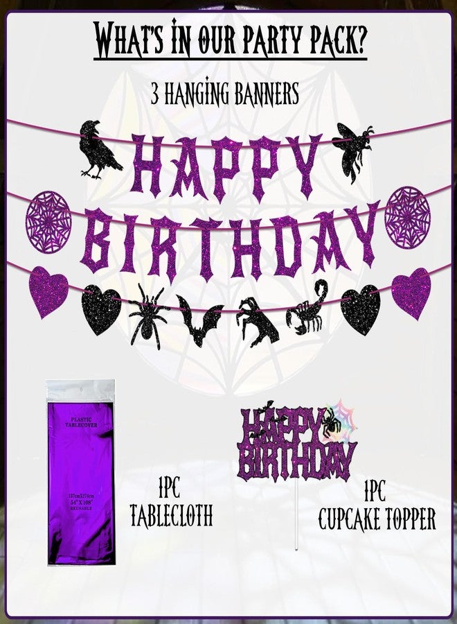 XCX Halloween Birthday Party Decorations Purple Black Gothic Decor, Black Purple Glitter Spooky Photo Booth Prop Backdrop for Girls, Gothic Inspired Party Supplies Set Include Banner, Cake Toppers, Tablecloth 54" x 108" - Image 3