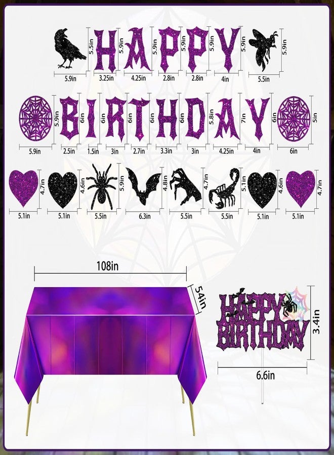 XCX Halloween Birthday Party Decorations Purple Black Gothic Decor, Black Purple Glitter Spooky Photo Booth Prop Backdrop for Girls, Gothic Inspired Party Supplies Set Include Banner, Cake Toppers, Tablecloth 54" x 108" - Image 2