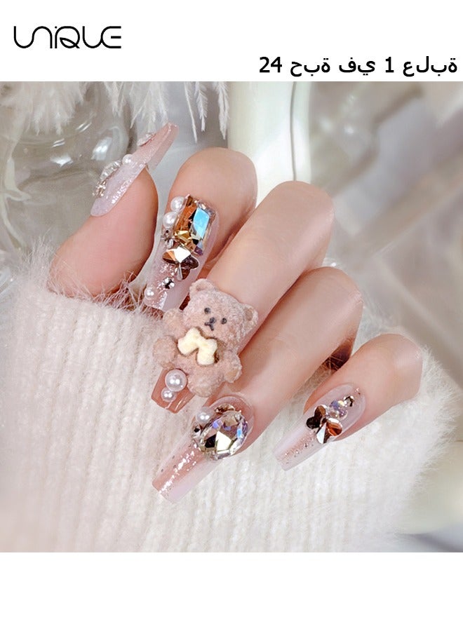 Unique 24Pcs Fake Nails, Press Nails, Mid-length Ballet Manicure - Gradient Sparkling Diamond Manicure - Cartoon Plush Bear Manicure - Fake Nail Patch - Image 1
