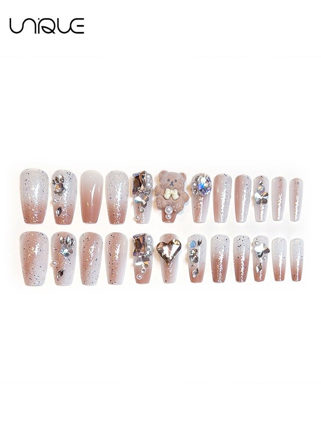 Unique 24Pcs Fake Nails, Press Nails, Mid-length Ballet Manicure - Gradient Sparkling Diamond Manicure - Cartoon Plush Bear Manicure - Fake Nail Patch - Image 5