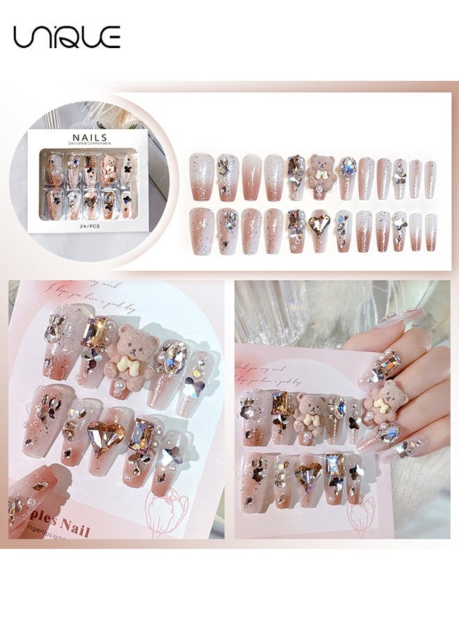 Unique 24Pcs Fake Nails, Press Nails, Mid-length Ballet Manicure - Gradient Sparkling Diamond Manicure - Cartoon Plush Bear Manicure - Fake Nail Patch - Image 2