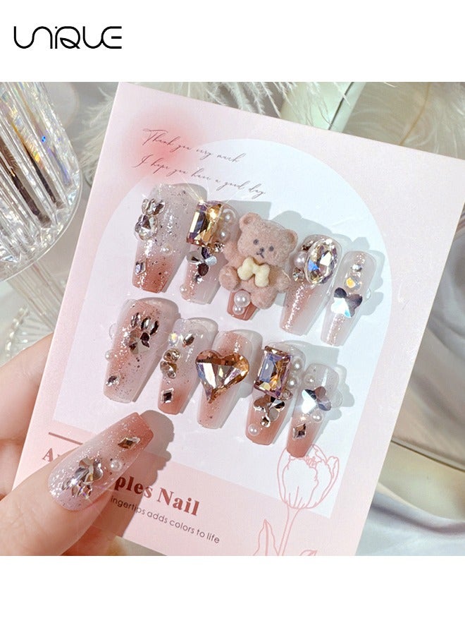 Unique 24Pcs Fake Nails, Press Nails, Mid-length Ballet Manicure - Gradient Sparkling Diamond Manicure - Cartoon Plush Bear Manicure - Fake Nail Patch - Image 3