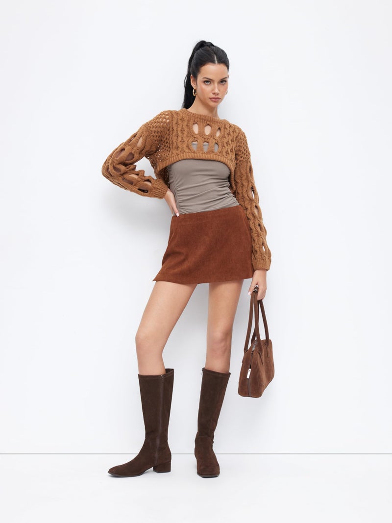 CIDER Cropped Sweaters for Women Knit Round Neckline Hollow Out Long Sleeve Crop Top Sweaters: Brown, M - Image 2