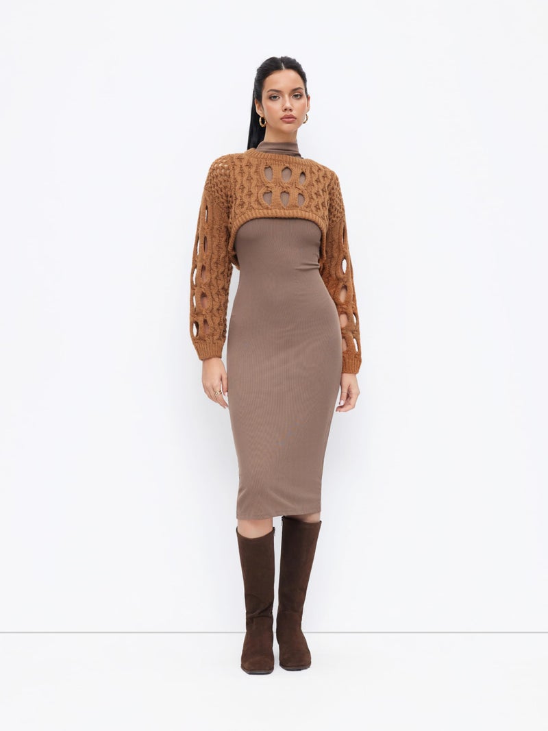 CIDER Cropped Sweaters for Women Knit Round Neckline Hollow Out Long Sleeve Crop Top Sweaters: Brown, M - Image 3