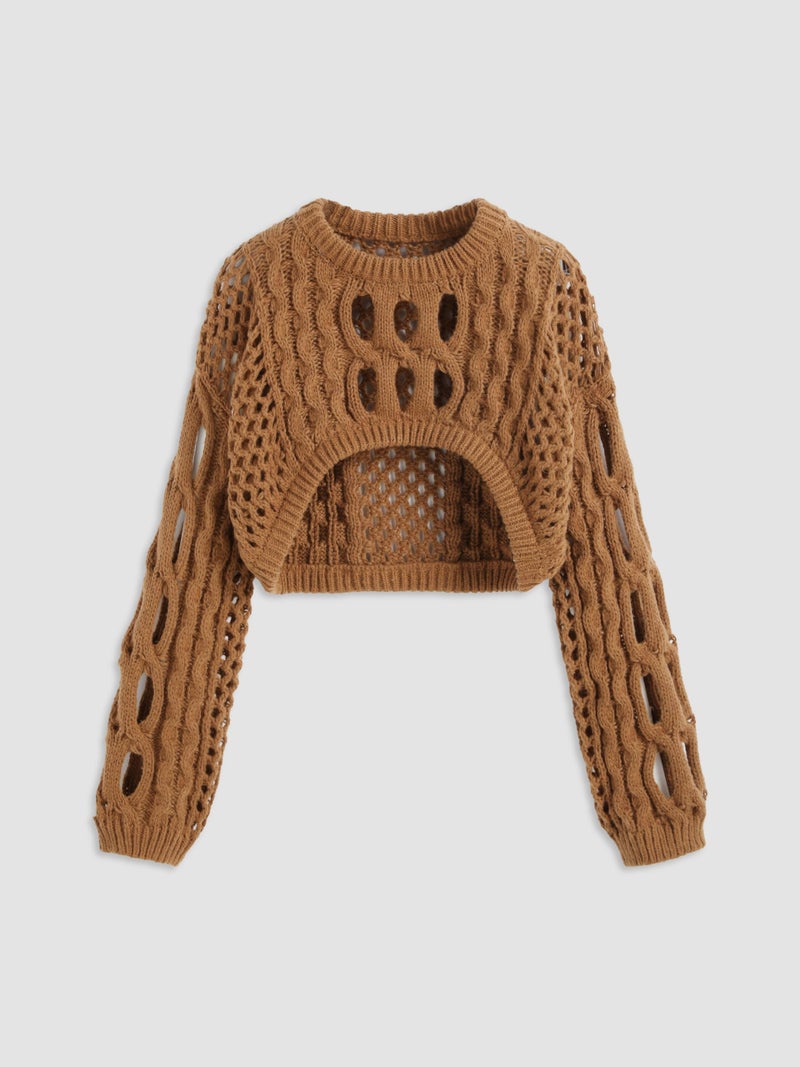 CIDER Cropped Sweaters for Women Knit Round Neckline Hollow Out Long Sleeve Crop Top Sweaters: Brown, M - Image 4