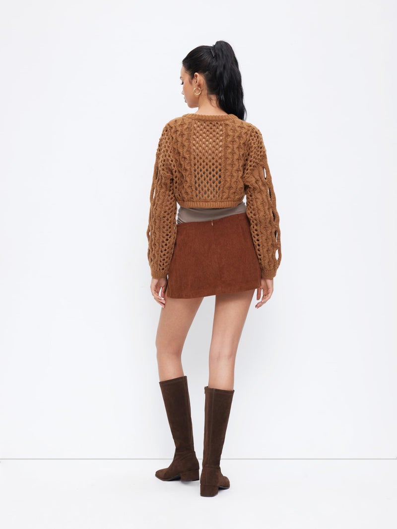 CIDER Cropped Sweaters for Women Knit Round Neckline Hollow Out Long Sleeve Crop Top Sweaters: Brown, M - Image 5
