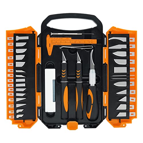 MANUFORE 34pcs Large Exacto Knife set Deluxe Craft Precision Knife Set Include 3pcs Craft Knives with Anti-Slip Rubber Grip, 25pcs Different Blades, 2pcs Needles, Sharpening Stone, Screwdriver - Image 1