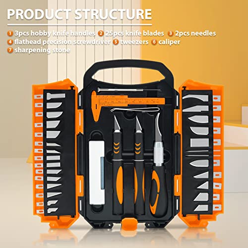 MANUFORE 34pcs Large Exacto Knife set Deluxe Craft Precision Knife Set Include 3pcs Craft Knives with Anti-Slip Rubber Grip, 25pcs Different Blades, 2pcs Needles, Sharpening Stone, Screwdriver - Image 2