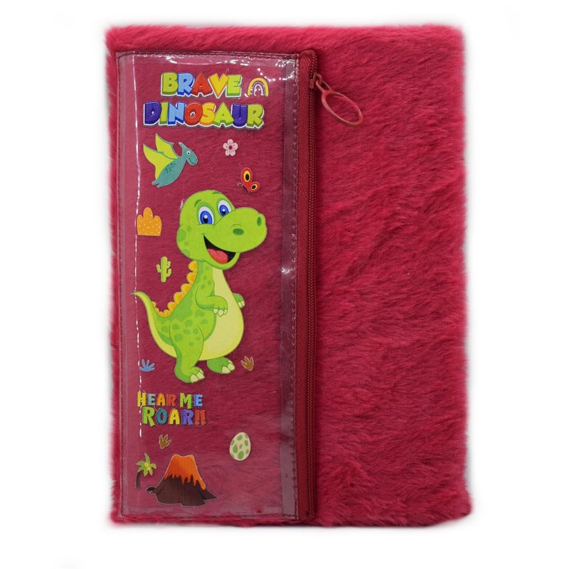 Asera 1 Pc Fur Plush Diary with attached Pencil Pouch for Kids (21.5 * 15 cms) / Birthday Return Gifts for Kids, 70 Pages (Red Dino) - Image 1