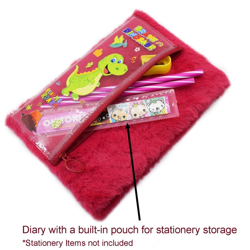 Asera 1 Pc Fur Plush Diary with attached Pencil Pouch for Kids (21.5 * 15 cms) / Birthday Return Gifts for Kids, 70 Pages (Red Dino) - Image 2