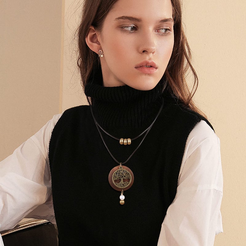 SAILIMUE 6Pcs Long Pendant Necklaces for Women Boho Vintage Wood Fall Sweater Necklaces Set Statement Feather Dragonfly Peace Sign Y Necklace Hippie Handmade Fashion Jewelry Accessories - Image 4