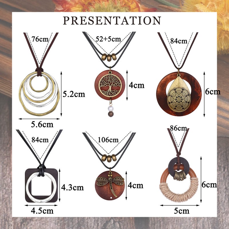 SAILIMUE 6Pcs Long Pendant Necklaces for Women Boho Vintage Wood Fall Sweater Necklaces Set Statement Feather Dragonfly Peace Sign Y Necklace Hippie Handmade Fashion Jewelry Accessories - Image 2