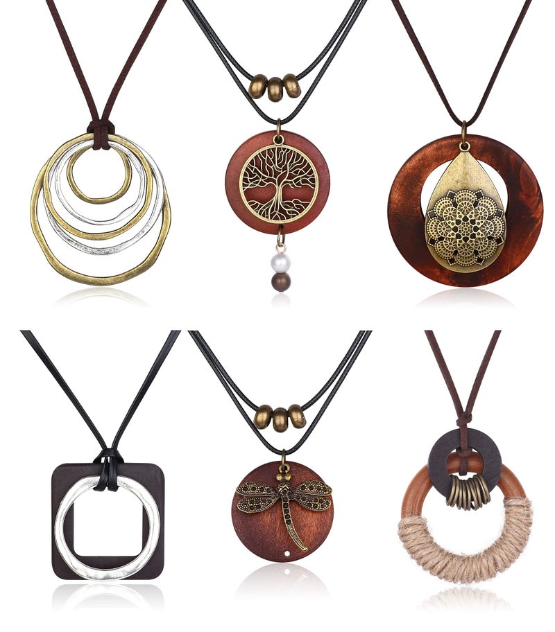 SAILIMUE 6Pcs Long Pendant Necklaces for Women Boho Vintage Wood Fall Sweater Necklaces Set Statement Feather Dragonfly Peace Sign Y Necklace Hippie Handmade Fashion Jewelry Accessories - Image 1